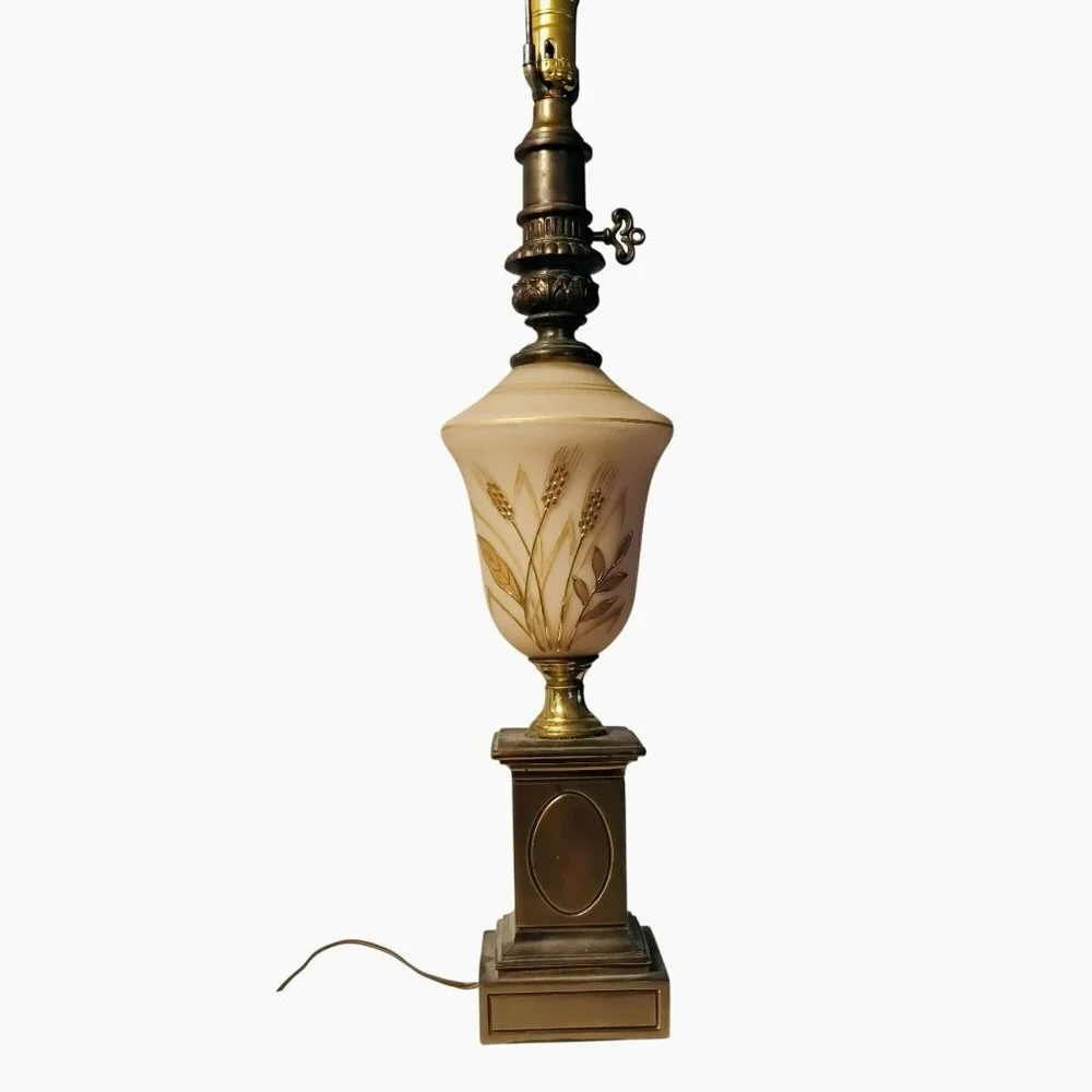 Antique Cream Satin Glass Table Lamp, Hand Painted Gold Wheat, Brass Base, 28